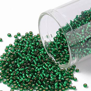 TOHO Round Seed Beads, Japanese Seed Beads, (36F) Matte Silver Lined Emerald Green, 15/0, 1.5mm, Hole: 0.7mm, about 3000pcs/bottle, 10g/bottle