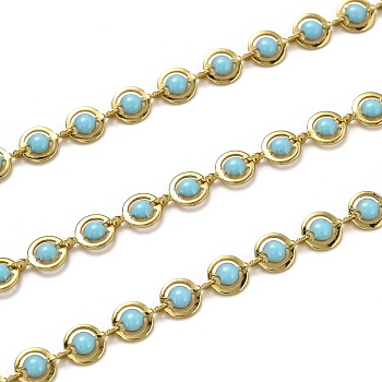 Brass Link Chains, with Enamel, Spool, Long-Lasting Plated, Unwelded, Flat Round, Golden, Deep Sky Blue, Links: 9x6x1.5mm