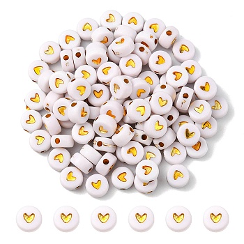 Plating Acrylic Beads, Metal Enlaced, Flat Round with Heart, White, 6.5~7x3.7mm, Hole: 1.8mm