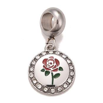 304 Stainless Steel Crystal Rhinestone European Dangle Charms, Large Hole Pendants, with Enamel, Stainless Steel Color, Flat Round with Flower, Red, 24mm, Hole: 4.5mm