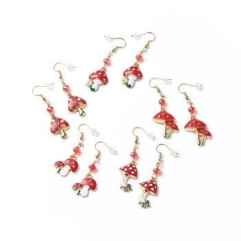 Red Alloy Enamel Mushroom with Glass Beaded Dangle Earrings, Brass Jewelry for Women, Mixed Patterns, 52~26mm, Pin: 0.7mm