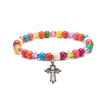 Synthetic Turquoise(Dyed) & Acrylic Beaded Stretch Bracelet with Alloy Charm for Women, Colorful, Cross Pattern, Pendant: 20x13x2mm, Inner Diameter: 2-1/8 inch(5.5cm)
