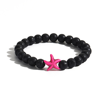 Men's Yoga Jewelry, Natural Lava Rock Round Beads Stretch Bracelets, Starfish, Fuchsia