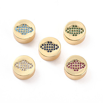 Rack Plating Brass Micro Pave Cubic Zirconia Beads, Cadmium Free & Lead Free, Real 18K Gold Plated, Flat Round with Planet  Pattern, Mixed Color, 11x5mm, Hole: 2mm