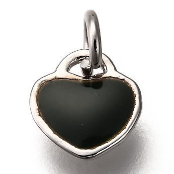 Enamel Brass Charms, Long-Lasting Plated, Heart, Platinum, Black, 7.5x7.5x2.5mm, Hole: 2.8mm