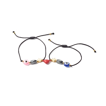 Magnetic Heart Clasps Bracelets Set for Best Friendship Sisters, Evil Eye Crown Adjustable Cord Bracelets, Energy Power Non-Magnetic Synthetic Hematite Jewelry Gift, Mixed Color, Inner Diameter: 1/2~3 inch(1.2~7.5cm), 2pcs/set