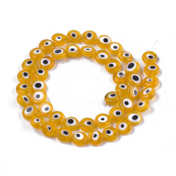Handmade Evil Eye Lampwork Beads Strands, Flat Round, Goldenrod, 7.5x3mm, Hole: 1mm, about 48pcs/strand, 13.7 inch~14.9 inch