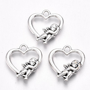 Tibetan Style Alloy Pendants, Lead Free & Cadmium Free, Heart with Angel, Antique Silver, 19.5x18x3mm, Hole: 2.5mm