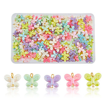 200Pcs Opaque Acrylic Pendants, with Iron Finding, Faceted Butterfly, Mixed Color, 13~14x17x4mm, Hole: 2.5~3mm