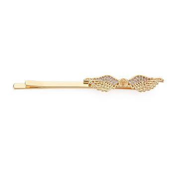 Brass Micro Pave Clear Cubic Zirconia Hair Bobby Pin Findings, for Half Drilled Bead, Nickel Free, Wing, Real 18K Gold Plated, 65x8x8mm, Fit For 0.7mm Half Drilled Bead