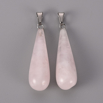 Natural Rose Quartz Pendants, with Stainless Steel Snap On Bails, Teardrop, Stainless Steel Color, 33~36x10mm, Hole: 3x4mm