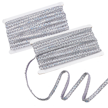 Sparkle Metallic Polyester Ribbon, Centipede Ribbon with PVC Plastic Paillette, Garment Accessories, Silver, 3/8 inch(11mm), about 14.22 Yards(13m)/Card