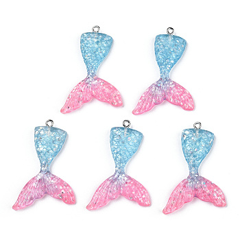 Resin Pendants, with Glitter Powder and Iron Findings, Mermaid Tail Shape, Platinum, Plum, 46x30x6mm, Hole: 2mm