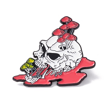 Skull with Mushroom Enamel Pin, Outdoor Alloy Brooch for Backpack Clothes, Electrophoresis Black, Colorful, 31.5x34x1mm