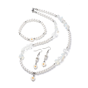 Plastic Pearl Daisy Pendant Dangle Earrings & Stretch Bracelet & Pendant Necklace, Opalite Beaded Jewelry Set for Women, White, 538mm, 50.5mm, 53mm, Pin: 0.8mm