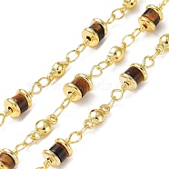 Natural Tiger Eye Column Link Chains, with Real 18K Gold Plated Brass Findings, Soldered, with Spool, 5x14x5mm(CHC-K014-07G-02)