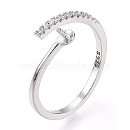 925 Sterling Silver Micro Pave Cubic Zirconia Open Cuff Ring Settings, for Half Drilled Beads, with S925 Stamp, Real Platinum Plated, US Size 7(17.3mm), Pin: 1mm.(STER-T007-03P)