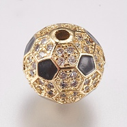 Brass Micro Pave Cubic Zirconia Beads, with Enamel, Round, Black & Clear, Golden, 9.5mm, Hole: 1mm(ZIRC-E147-04B-G)