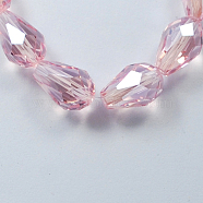 Electroplate Glass Beads Strands, Pearl Luster Plated, Faceted, Drop, Pink, 11x8mm, Hole: 1mm, about 57~59pcs/strand, 26.38~26.77 inch(EGLA-R008-11x8mm-12)