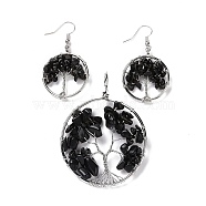 Brass Jewelry Sets, Big Pendants and Dangle Earrings, with Natural Obsidian, Platinum, Ring with Tree of Life, 63~67x49~51x1.5~10mm, Hole: 4x5mm, 50~55x28~30x1.5~8mm, Pin: 0.8mm(SJEW-K072-20W)