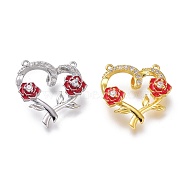 Valentine's Day Theme Brass Micro Pave Clear Cubic Zirconia Pendants, with Red Enamel, Long-Lasting Plated, Heart with Roses, Mixed Color, 18x17x4.5mm, Hole: 0.7mm(KK-P190-01)