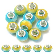 Glass European Beads, Large Hole Beads, with Silver Tone Brass Double Cores, Faceted Rondelle, Goldenrod, 14x9mm, Hole: 5mm(GPDL-YW0001-02D)