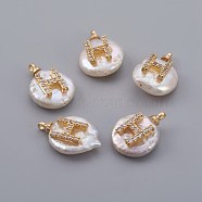 Natural Cultured Freshwater Pearl Pendants, with Micro Pave Cubic Zirconia, Brass Findings, Long-Lasting Plated, Letter, Real 18K Gold Plated, Letter.H, 14~28x9~16x5~9mm, Hole: 1.5mm(PEAR-F008-30G-H)