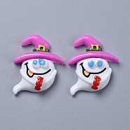 Halloween Theme Opaque Resin Cabochons, for Jewelry Making, Ghost with Pink Magic Hat, with Candy, Flat Back, White, 27.5x24.5x7mm(X-RESI-D0003-09)