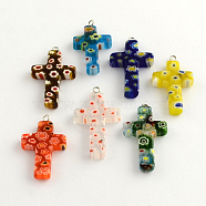 Handmade Millefiori Glass Pendants, with Platinum Plated Iron Findings, Cross, Mixed Color, 30~35x20~22x4mm, Hole: 1.5~2mm(LK-R005-11)