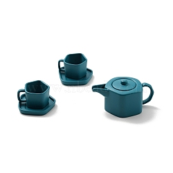 Mini Alloy Tea Set Display Decorations, Dollhouse Accessories, for Home Office Tabletop, Teapot, Teacup & Saucer, Dark Cyan, 12~17x15~29x8.5~15mm, 5pcs/set(DJEW-G028-03A)