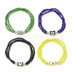 4Pcs 4 Color Glass Seed Triple Layer Stretch Bracelets Set with Lampwork Evil Eye Lampwork Beaded, Mixed Color, Inner Diameter: 2-1/4 inch(5.65cm), 1Pc/color(BJEW-TA00286)