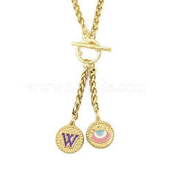 Ion Plating(IP) 304 Stainless Steel Purple Enamel Letter & Eye Pendant Wheat Chain Necklaces, with Toggle Clasps, Golden, Letter W, 20.47~20.87 inch(52~53cm)(STAS-Z102-01G-W)