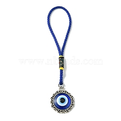 Flat Round with Evil Eye Resin & Alloy Pendant Decorations, Polyester Cord Hanging Ornaments, Antique Silver, 132mm(HJEW-JM01567)