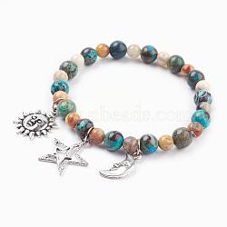 Natural Ocean Jasper & Crazy Agate Charm Bracelets, with Tibetan Style Pendants, Sun & Star & Moon, 2-1/4 inch(57mm)(BJEW-JB03349-04)