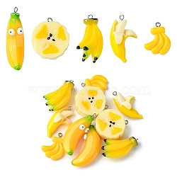 10Pcs 5 Styles Opaque Resin Pendants, Imitation Food, with Platinum Tone Iron Loops, Banana, Gold, 26.5~42x11.5~26.5x5.5~15mm, Hole: 1.8~2mm, 2pcs/style(RESI-YW0001-76)