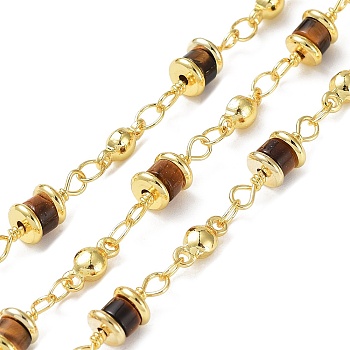 Natural Tiger Eye Column Link Chains, with Real 18K Gold Plated Brass Findings, Soldered, with Spool, 5x14x5mm