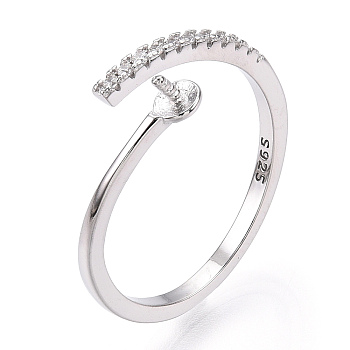925 Sterling Silver Micro Pave Cubic Zirconia Open Cuff Ring Settings, for Half Drilled Beads, with S925 Stamp, Real Platinum Plated, US Size 7(17.3mm), Pin: 1mm.