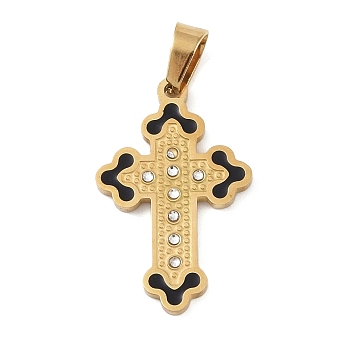 Ion Plating(IP) 304 Stainless Steel Enamel Rhinestone Pendants, Cross Charms, Real 18K Gold Plated, 29.5x18.5x2.5mm, Hole: 6x4mm