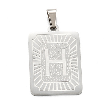 304 Stainless Steel Pendants, Rectangle with Alphabet, Letter.H, 30x20x1.5mm, Hole: 3x6mm