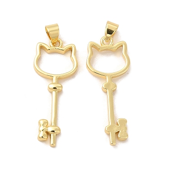 Rack Plating Brass Pendants, Long-Lasting Plated, Cadmium Free & Lead Free, Cat Key, Real 18K Gold Plated, 32x12x2mm, Hole: 3x5mm