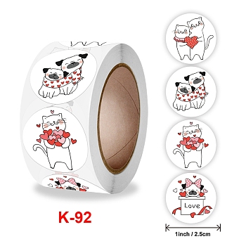 4 Styles Valentine's Day Theme Round Paper Stickers, Self Adhesive Roll Sticker Labels, for Envelopes, Bubble Mailers and Bags, Cat & Dog with Heart Pattern, Colorful, 25mm, 500pcs/roll
