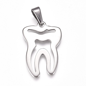 304 Stainless Steel Pendants, Tooth, Stainless Steel Color, 34.5x22x1.5mm, Hole: 10x4mm