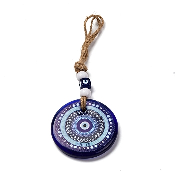 Flat Round with Evil Eye Lampwork Pendant Decoration, Resin Beads and Hemp Rope Hanging Ornaments, Dark Blue, 210~235mm