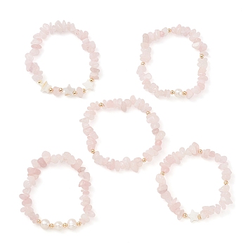 5Pcs 5 Style Natural Rose Quartz Chips Stretch Bracelets Set, Natural Shell Star Stackable Bracelets, Inner Diameter: 2-1/8 inch(5.3cm), 1Pc/style