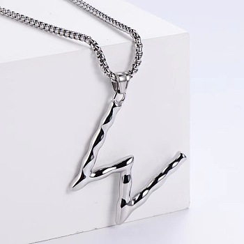 3Pcs Stainless Steel Textured Letter Pendant Box Chain Necklaces, Stainless Steel Color, Letter W