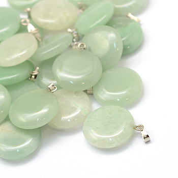 Flat Round Natural Green Aventurine Pendants, with Platinum Tone Brass Findings, 22~25x19~21x5~7mm, Hole: 2x7mm