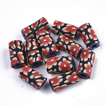 Handmade Polymer Clay Beads, Column with Flower Pattern, Orange Red, 12x7mm