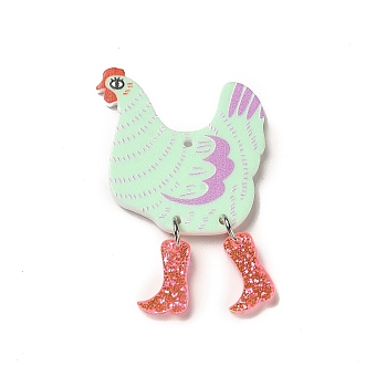 Printed Acrylic Pendants, with Glitter Powder, Rooster Charm, Pale Green, 44x30x2.3mm, Hole: 1.8mm
