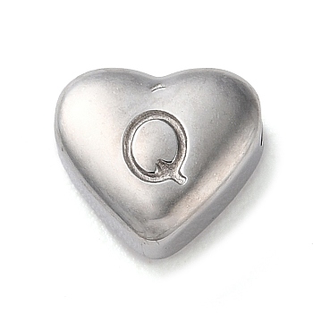 201 Stainless Steel Beads, Stainless Steel Color, Heart, Letter Q, 7x8x3.5mm, Hole: 1.5mm