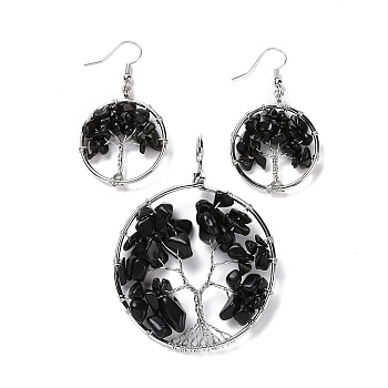 Brass Jewelry Sets, Big Pendants and Dangle Earrings, with Natural Obsidian, Platinum, Ring with Tree of Life, 63~67x49~51x1.5~10mm, Hole: 4x5mm, 50~55x28~30x1.5~8mm, Pin: 0.8mm